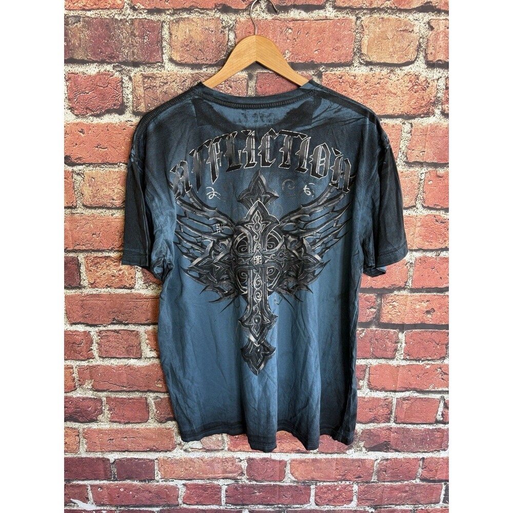 Y2K Affliction 2XL Cross Graphic Blue Short Sleeve Shirt 100% Cotton